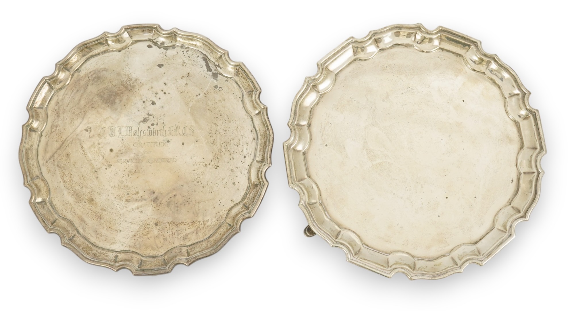 A George V silver salver by Crichton Brothers, London, 1922, 20.8cm and a later engraved silver salver, C.J. Vander Ltd, London, 1938